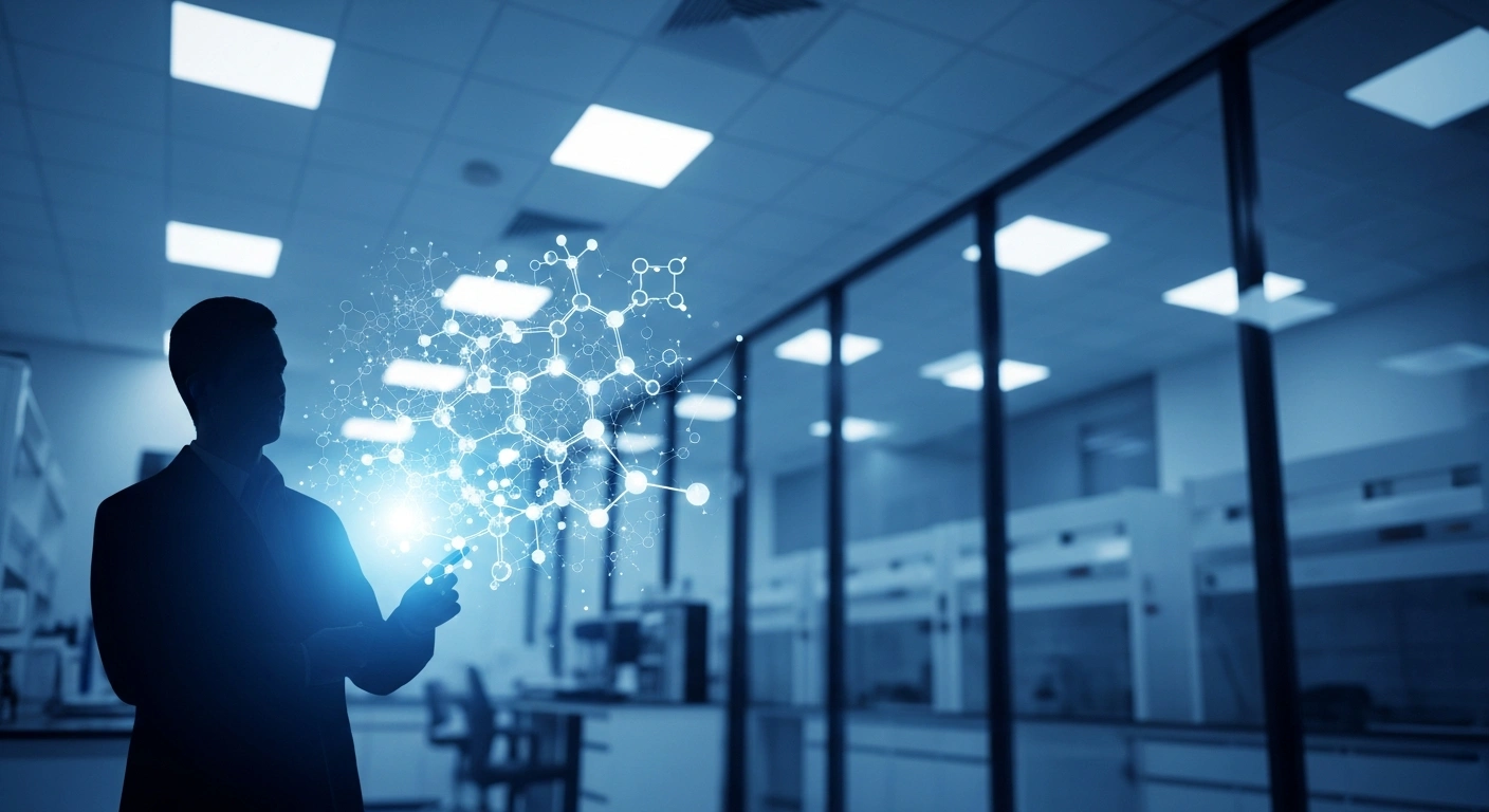 A scientist examines a holographic molecular model in a modern research laboratory, representing China's focus on basic scientific research and technological innovation.