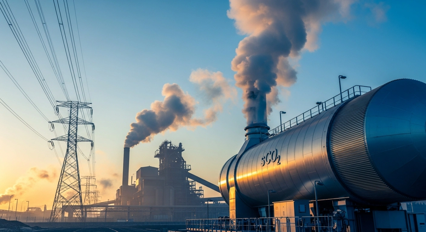 A low-angle, wide shot at dawn shows a sleek, metallic supercritical carbon dioxide (sCO2) power generator, developed by CNNC, connected to high-tension power lines at a steel plant in Guizhou, China, symbolizing its integration into the national grid and its role in waste heat recovery and future nuclear technology.