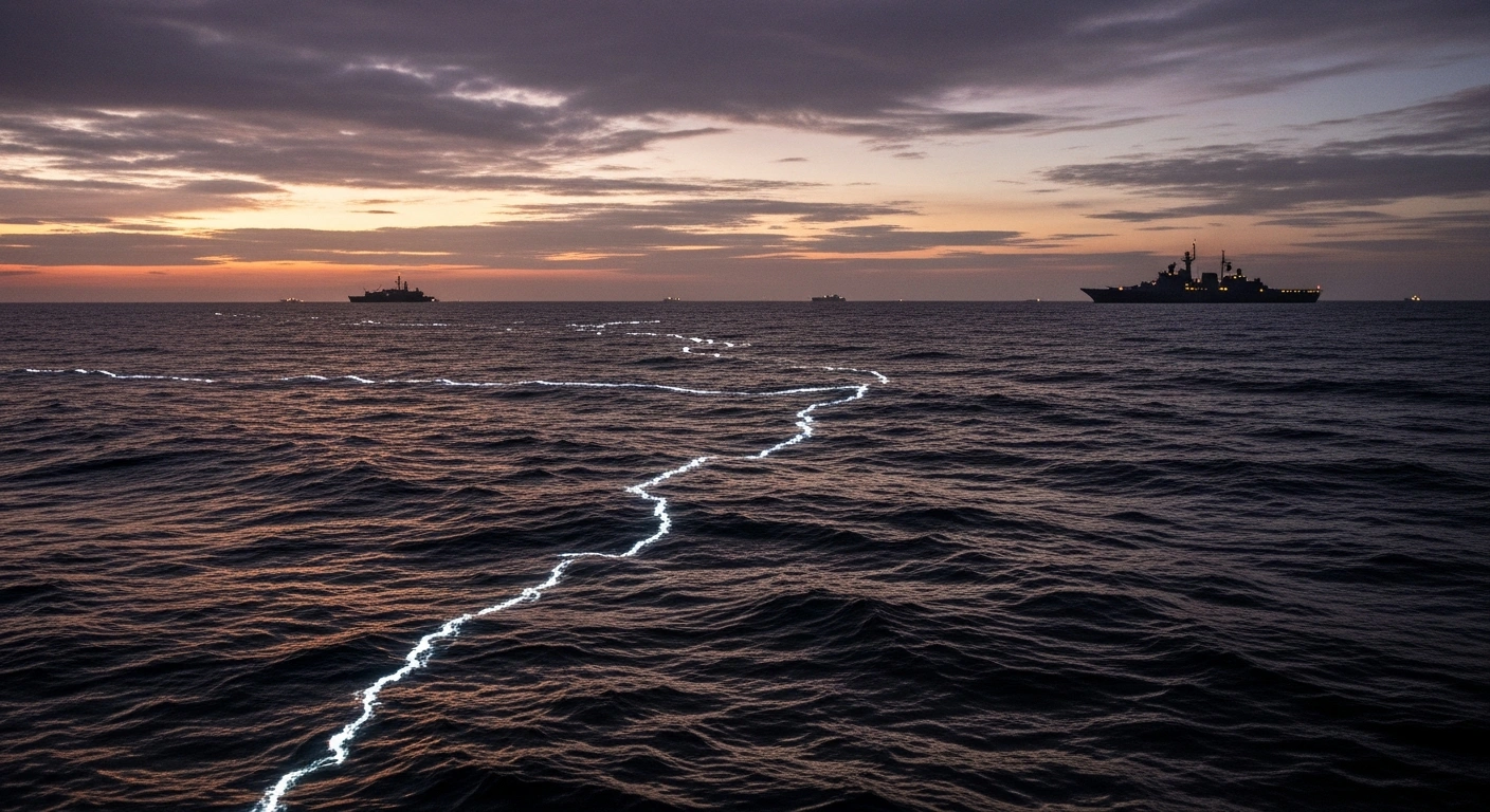 A wide, low-angle shot at twilight depicts the turbulent South China Sea with faint, fractured 'nine-dash lines' shimmering beneath the surface, symbolizing China's extensive claims and non-compliance with the Permanent Court of Arbitration ruling, while a large, dark naval vessel stands defiantly against the horizon amidst distant lights of international scrutiny, highlighting ongoing regional tensions.
