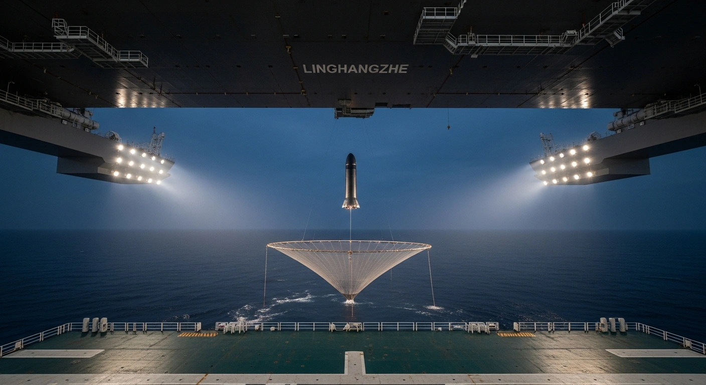 A futuristic sea-based rocket recovery platform, named 'Linghangzhe', uses a large illuminated net to capture the descending first stage of a rocket against a twilight sky, showcasing China's reusable space technology.
