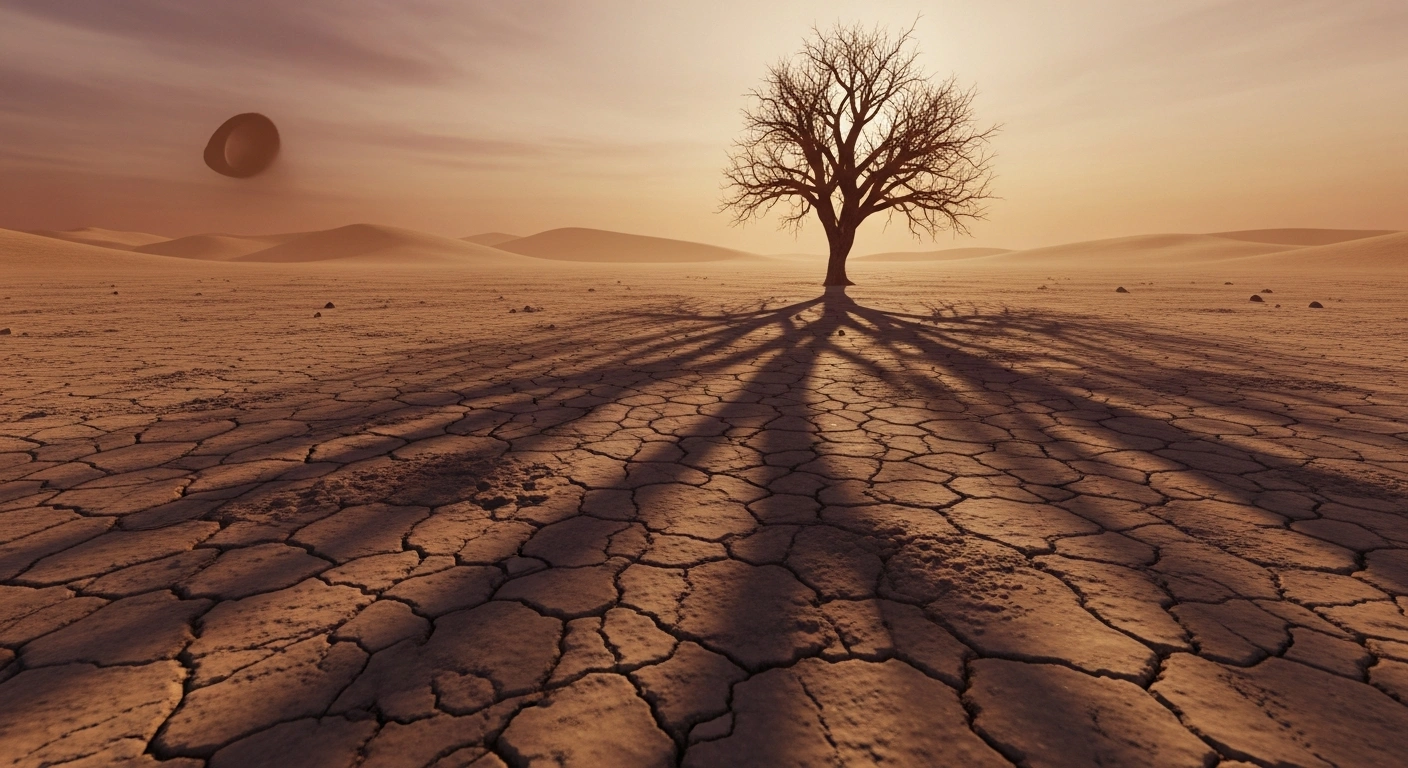 A wide shot of a desolate desert landscape at dawn, showing subtle vibrations in the sand, symbolizing a secret nuclear weapons test near Lop Nur, as alleged by the United States and denied by China.