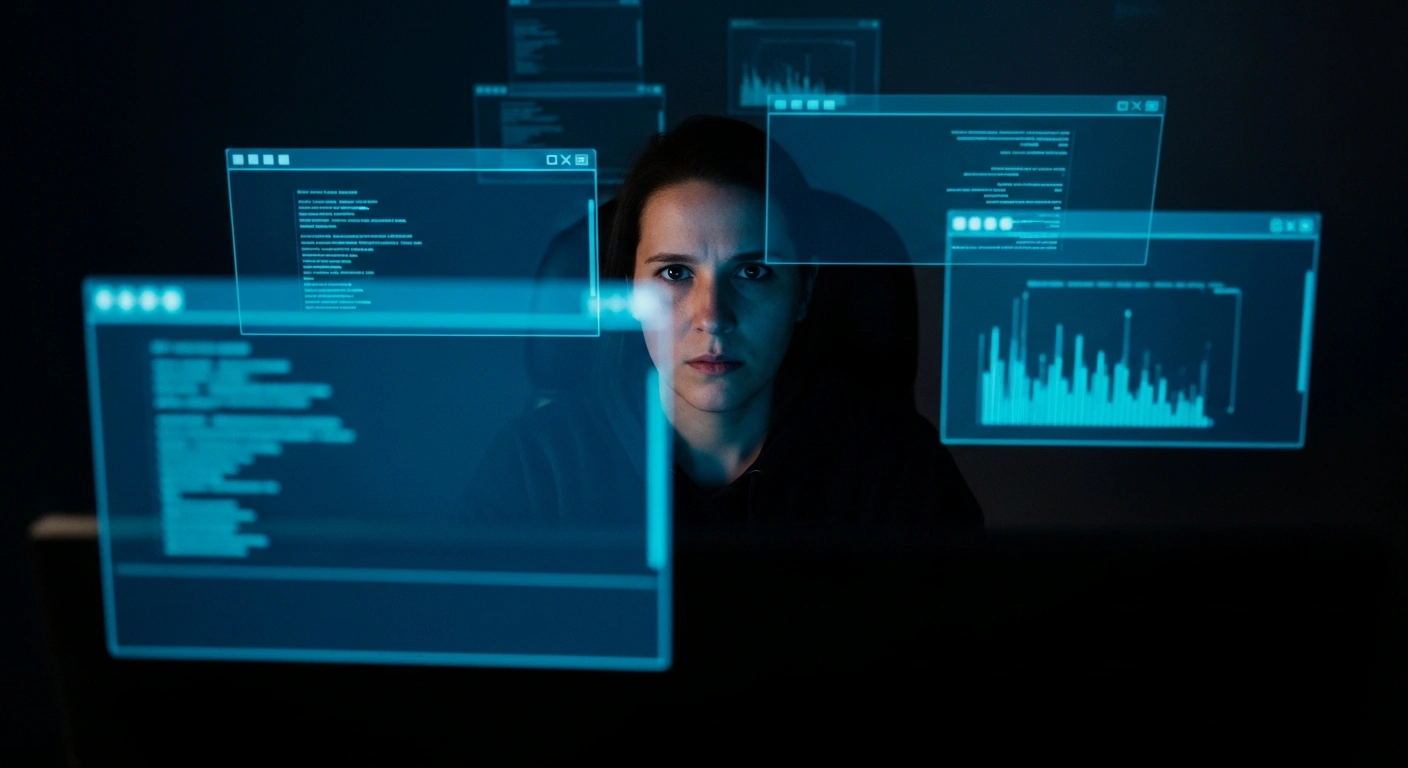 A person sits in a dark room looking at a glowing computer screen while being targeted by digital pop-up advertisements representing foreign intelligence recruitment efforts.