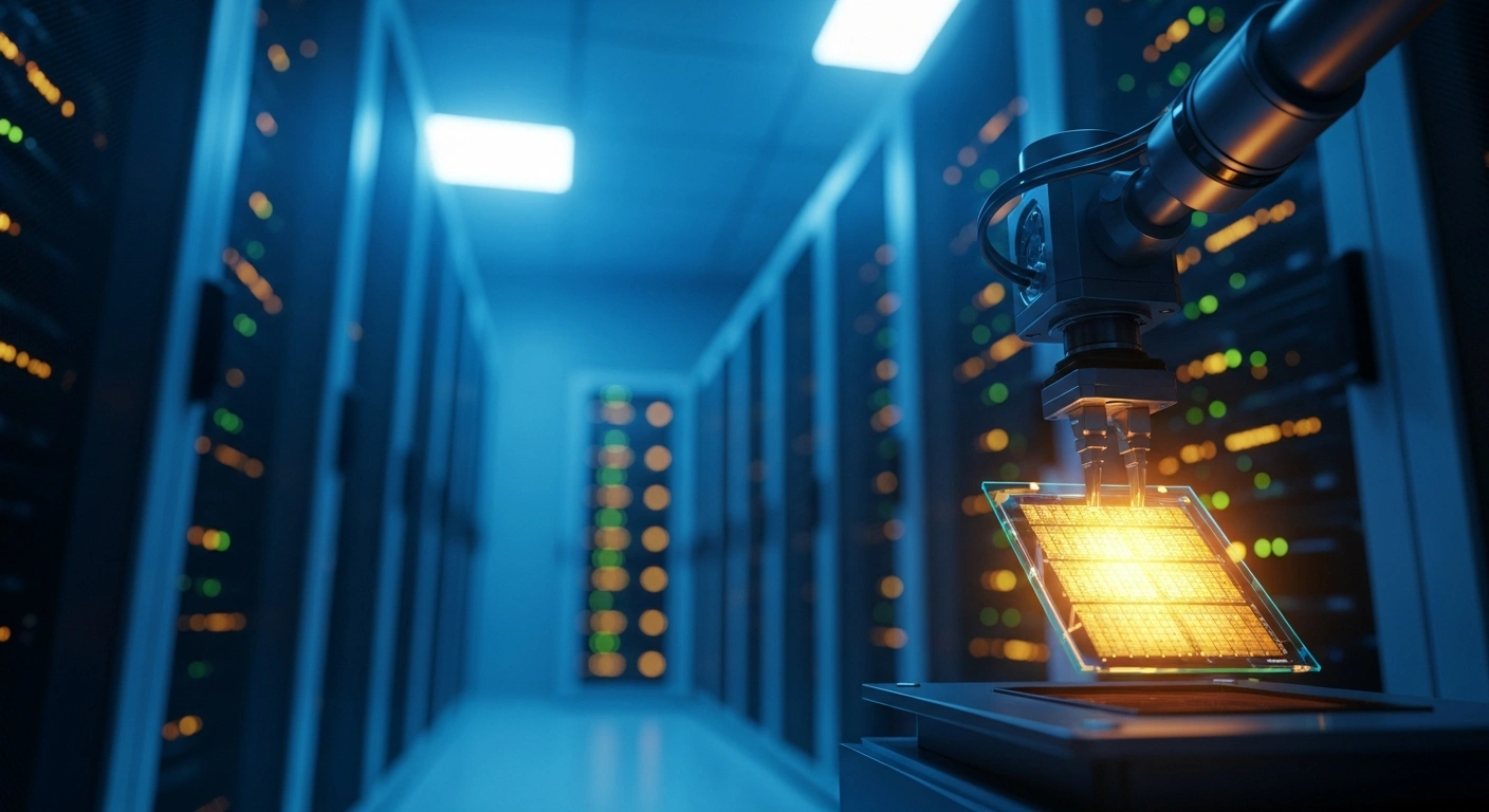 A robotic arm works on a semiconductor wafer inside a high-tech server room representing China's investment in DeepSeek's artificial intelligence development.
