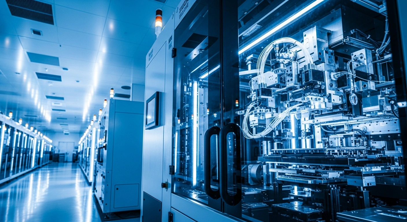 A high-tech industrial facility in China features rows of domestically developed immersion deep-ultraviolet lithography machines used for semiconductor manufacturing.