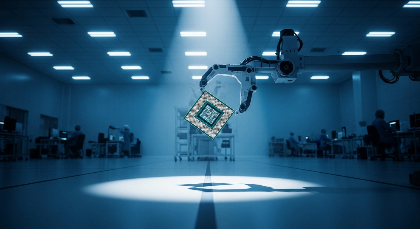 A robotic arm precisely holds a glowing, intricately detailed microchip within a vast, sterile cleanroom, symbolizing China's significant investment and technological advancements in its domestic semiconductor industry to achieve self-sufficiency against U.S. export restrictions.