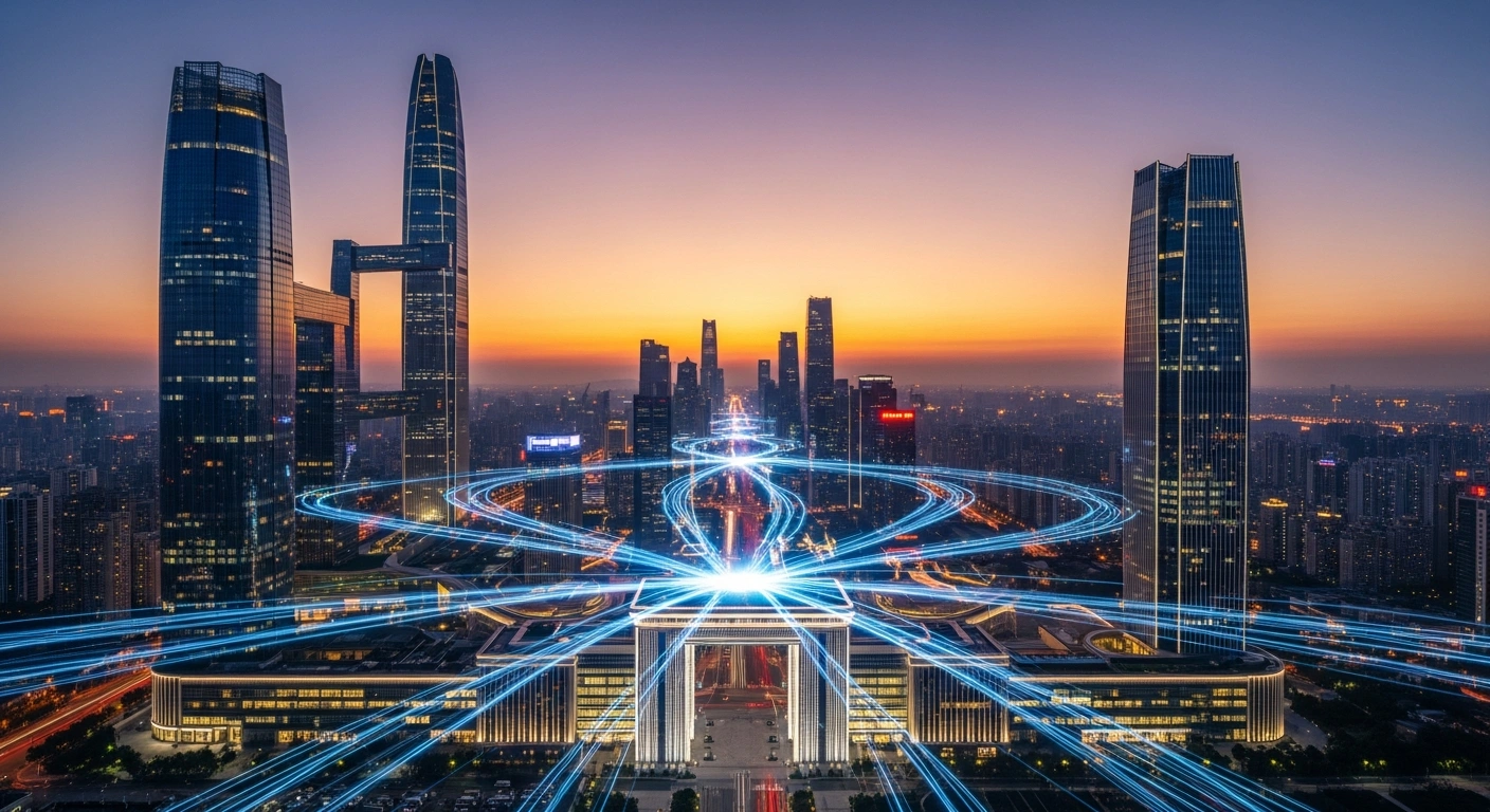A futuristic Chinese metropolis at twilight, featuring towering skyscrapers and luminous light trails emanating from a central gateway structure, symbolizing China's expansion of its services sector opening-up pilot program to attract foreign investment and foster a market-oriented business environment.