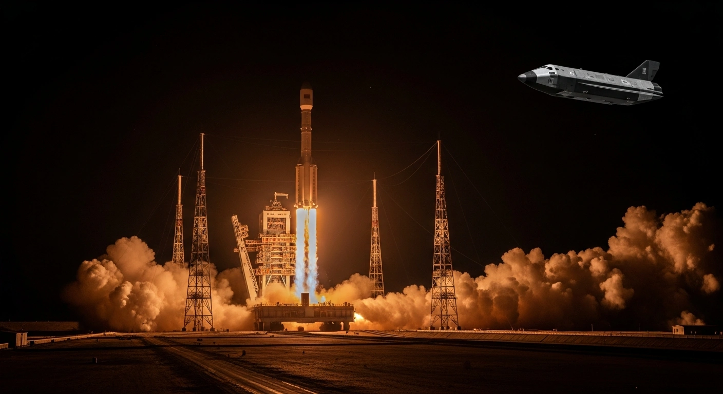 A low-angle, wide shot shows a Long March-2F rocket launching at pre-dawn from the Jiuquan Satellite Launch Center, with fiery plumes illuminating the scene, and a subtle, dark, X-37B-like experimental spacecraft visible in the upper corner, representing China's Shenlong reusable experimental spacecraft mission.