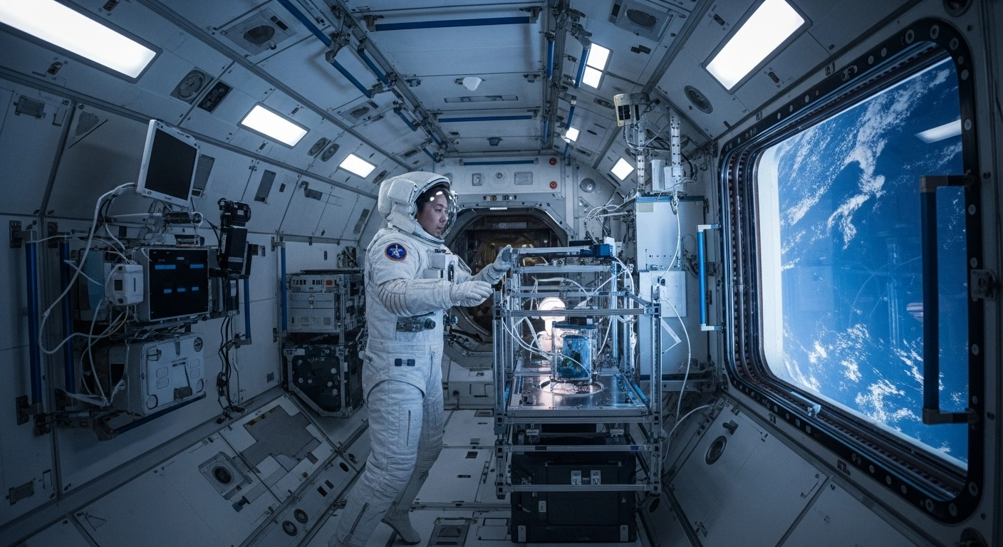 A Chinese astronaut inside the Tiangong space station module observes a scientific experiment rack, possibly for biological studies like those planned for the Shenzhou-21 mission, with the Earth visible through a large window.