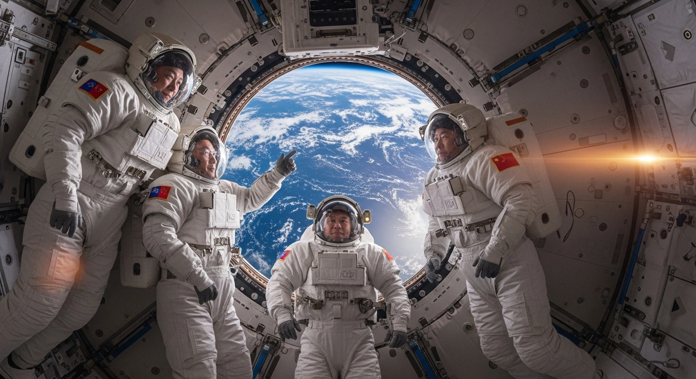Three Chinese astronauts, Commander Zhang Lu, Flight Engineer Wu Fei, and Payload Specialist Zhang Hongzhang, are shown inside the Tiangong space station, extending New Year greetings and expressing aspirations for 2026.