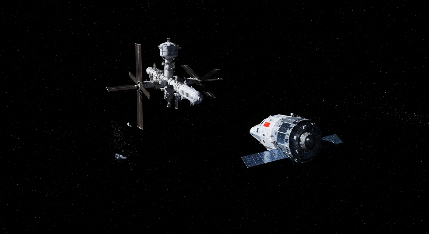 An uncrewed Chinese Shenzhou 22 spacecraft, illuminated by sunlight, approaches the Tiangong space station in the vast darkness of space, with subtle space debris visible, signifying its emergency mission to rescue stranded astronauts.