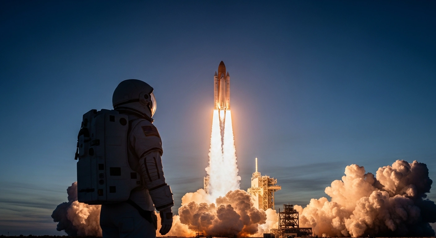 A Chinese Shenzhou-23 spacecraft launches into the night sky while an astronaut stands in the foreground representing the historic inclusion of candidates from Hong Kong and Macao.