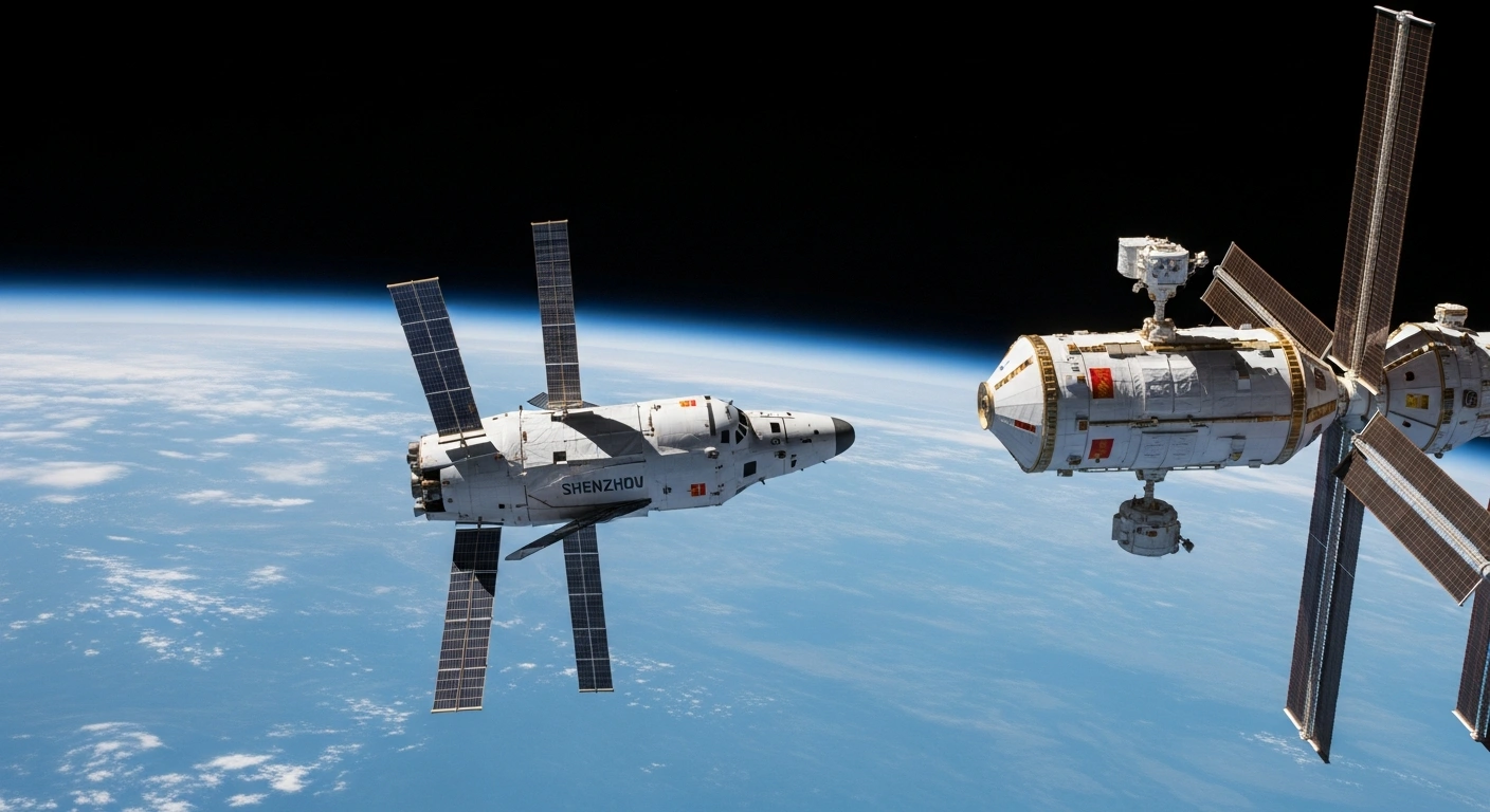 An uncrewed Chinese Shenzhou spacecraft, likely Shenzhou-22, approaches the Tiangong space station in Earth's orbit, carrying critical supplies and serving as a return vehicle for the Shenzhou-21 crew.