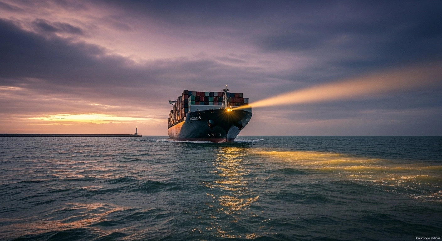 A massive container ship navigates choppy, steel-grey waters at dusk under a bruised, cloudy sky, illuminated by a single beam of light, symbolizing escalating trade tensions in the global shipping sector between Beijing's new countermeasures and the US's impending port fees on Chinese vessels.