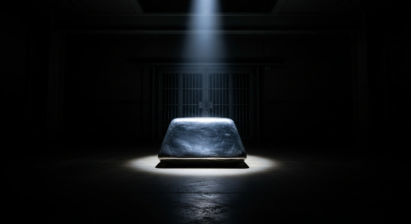 A large, polished silver ingot gleams under a spotlight within a dark, industrial vault, visually representing China's new export controls on silver, which reclassify it as a strategic material requiring government licenses, impacting global supply chains and driving prices to record highs.