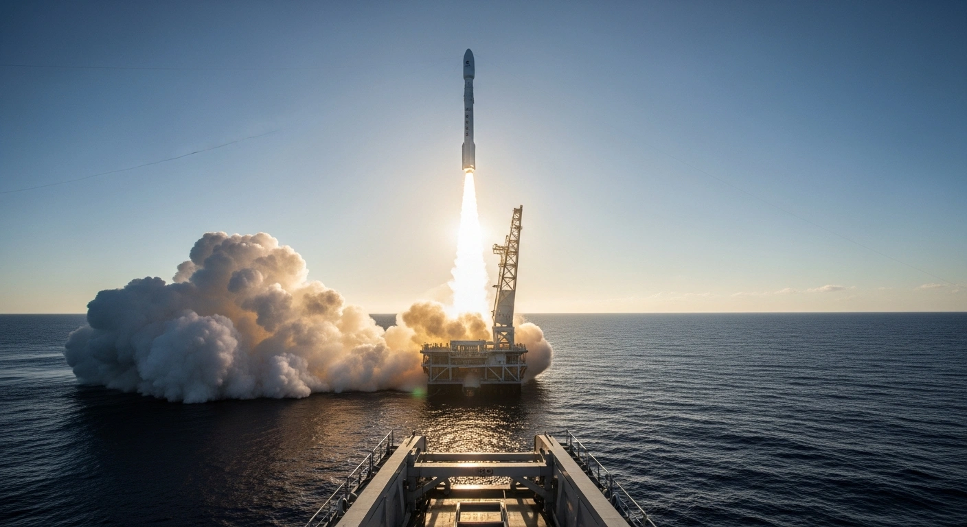 A Smart Dragon-3 carrier rocket launches from a sea-based platform to deploy a satellite into orbit.