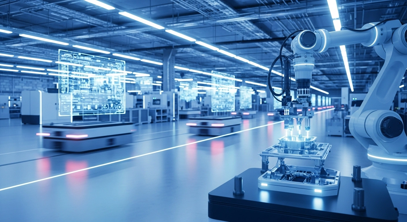 A high-tech smart factory in China features advanced robotic arms and automated systems working to modernize industrial manufacturing.