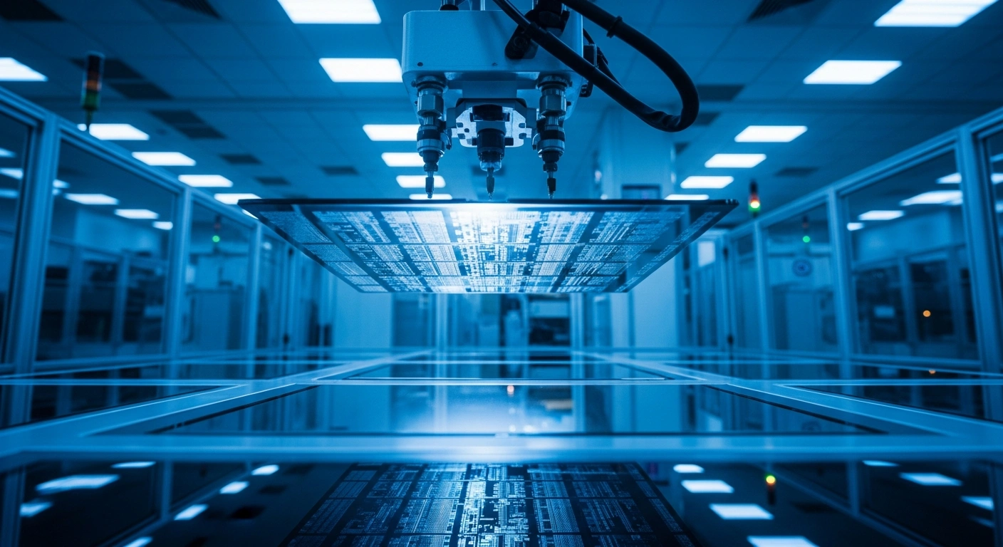 A high-precision robotic arm works on a silicon wafer inside a modern semiconductor manufacturing facility, representing the technology discussed in the SMIC export control reports.