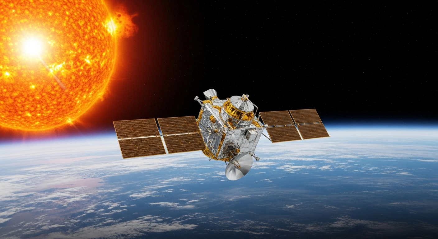 A futuristic Chinese solar exploration satellite, identified as Xihe-2 or the Lagrange-V Solar Observatory, with extended golden solar panels, is shown in deep space positioned between a fiery sun and a distant blue Earth, representing its pioneering mission to the Sun-Earth L5 point for enhanced space weather forecasting and solar activity monitoring.