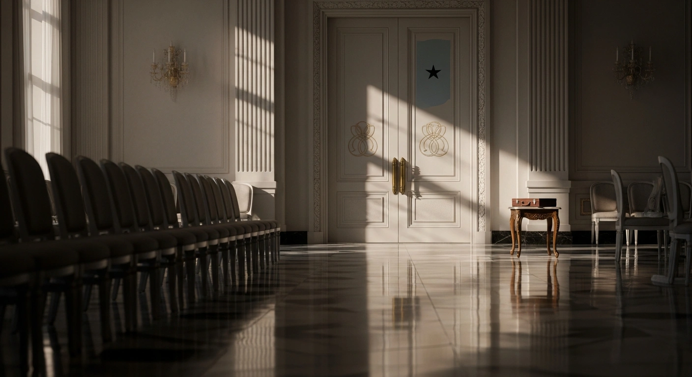 A grand, empty reception hall with polished marble floors and ornate double doors, subtly adorned with Chinese and Somali motifs, symbolizing the postponement of China's Foreign Minister Wang Yi's scheduled visit to Somalia in January 2026.