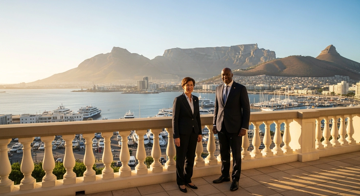 Chinese Vice President Han Zheng stands with South African officials during a diplomatic summit in Cape Town to discuss bilateral cooperation.