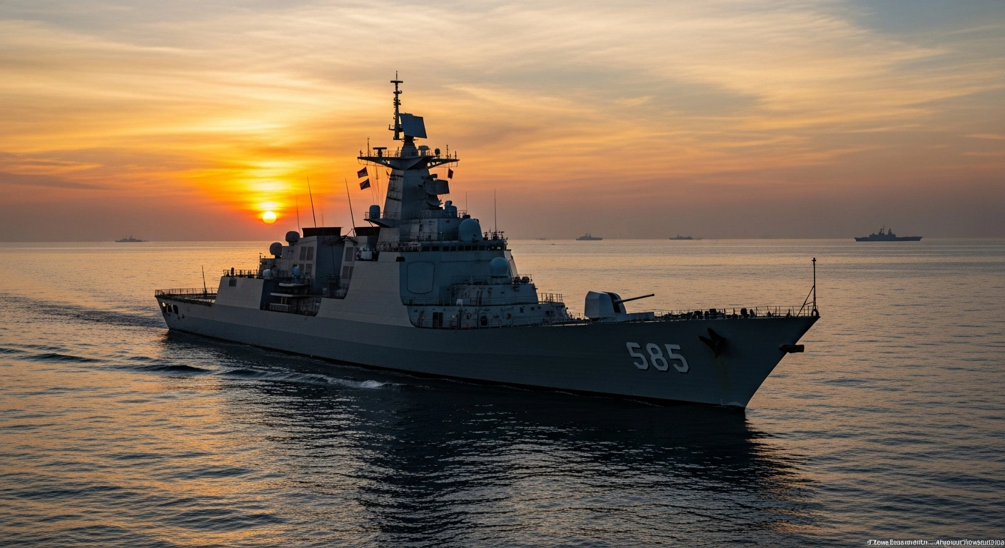A powerful Chinese naval destroyer sails through the South China Sea at dawn, symbolizing China's military on high alert amidst recent joint patrols by the Philippines, US, Japan, and Australia.
