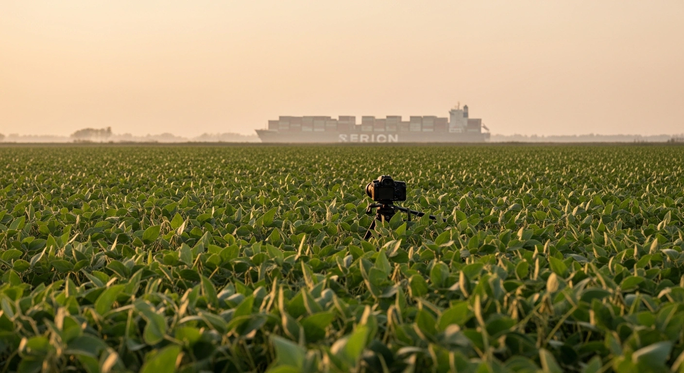 A wide shot at golden hour shows a meticulously tended soybean field in rural China, with a large container ship visible on the distant horizon, symbolizing China's policy shift from soybean self-sufficiency to stabilizing domestic production and relying on international imports.