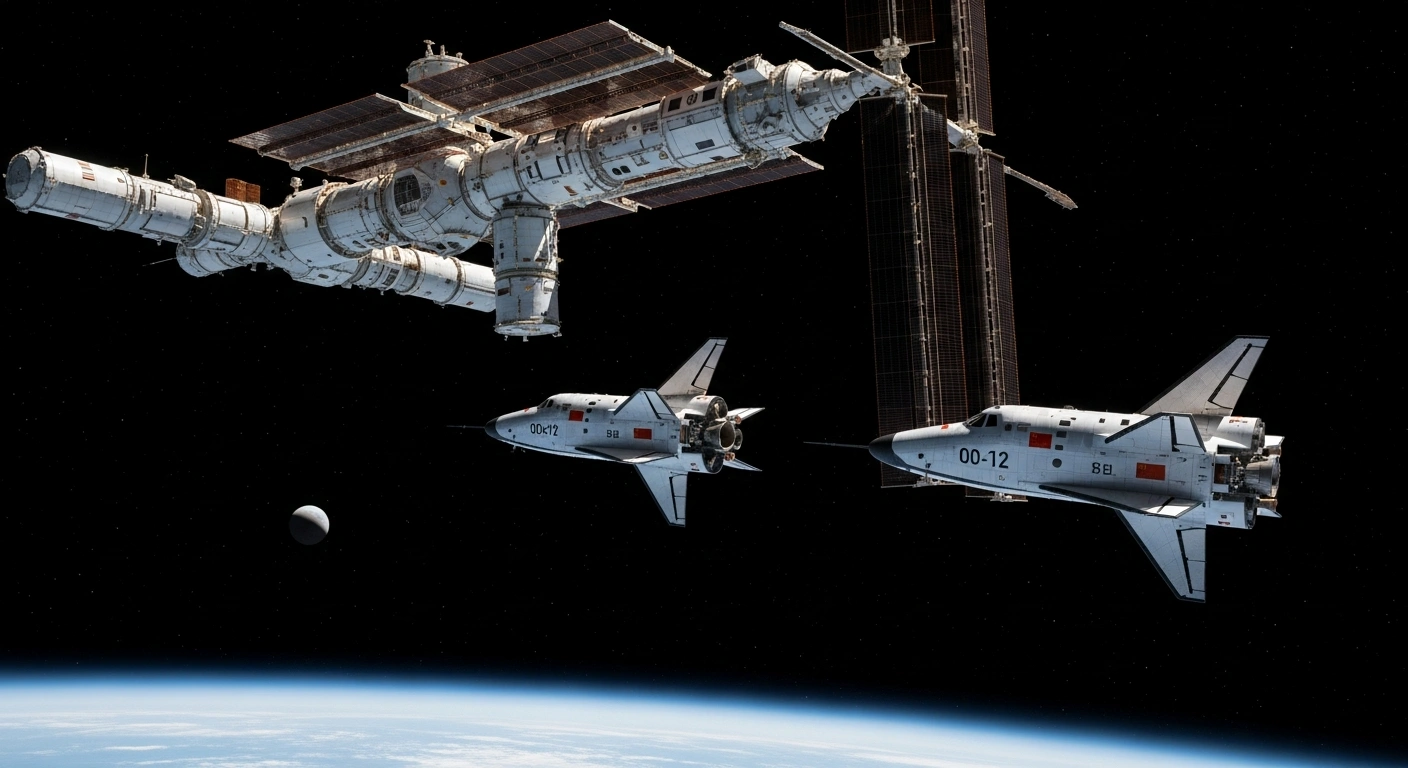 Three Chinese Shenzhou spacecraft perform an in-orbit rendezvous near the Tiangong space station, with Earth's atmosphere and a distant asteroid visible in the background, symbolizing China's 2025 space endeavors including an emergency rescue and the Tianwen-2 asteroid sample-return mission.