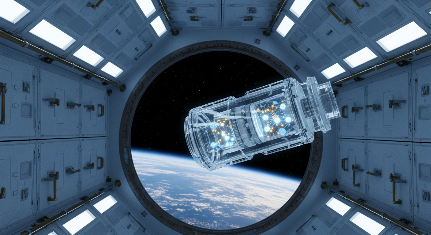 A scientific bioreactor containing mouse embryonic stem cells floats inside the Tiangong space station to study the effects of microgravity on development.