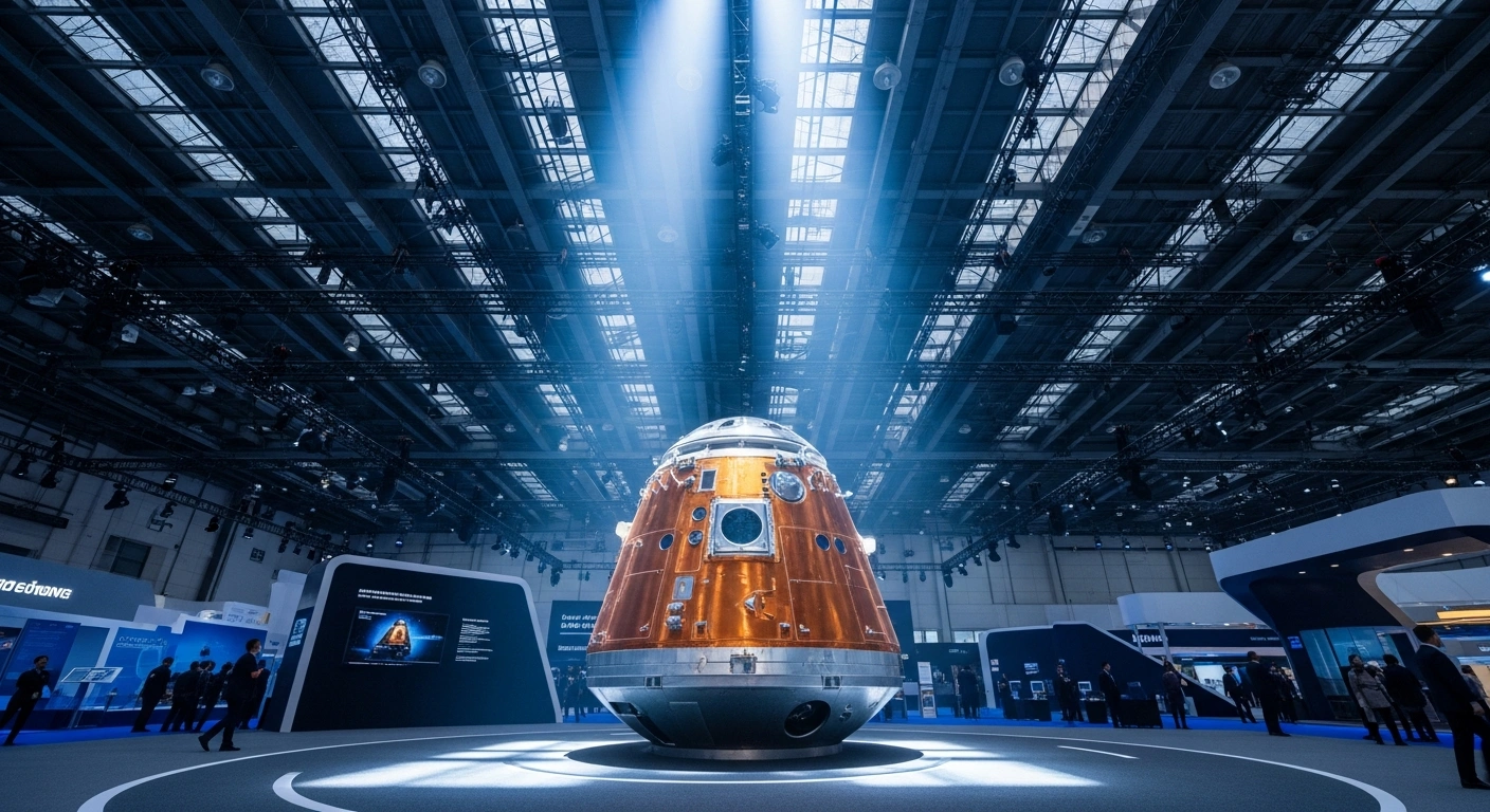 A futuristic space tourism capsule, representing China's commercial space industry and CASC's debut project, is dramatically lit on display within a modern exhibition hall in Shenzhen, symbolizing the nation's advancements in suborbital flights.