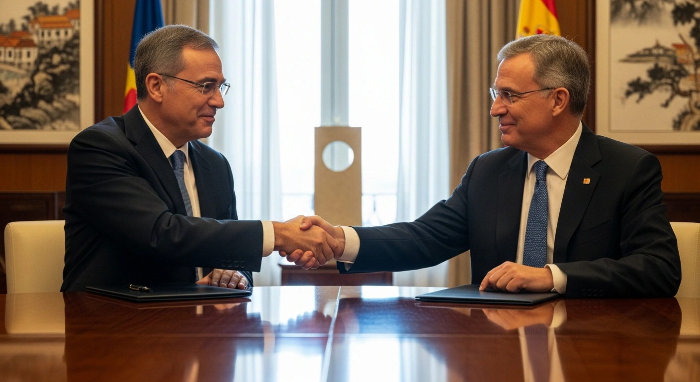 Chinese Commerce Minister Wang Wentao and Spanish Minister of Economy, Trade and Business Carlos Cuerpo shake hands across a polished conference table, symbolizing strengthened bilateral and China-EU trade relations, including discussions on the Nexperia semiconductor dispute and new pork trade protocols, during King Felipe VI's state visit to China.