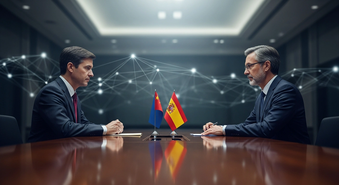 Two distinguished figures, representing the Chinese Commerce Minister and the Spanish Minister of Economy, Trade and Business, are seated at a polished conference table in a modern Beijing meeting room, engaged in focused discussion about China-Spain and China-EU economic and trade relations, including the Nexperia semiconductor dispute and global supply chain issues.