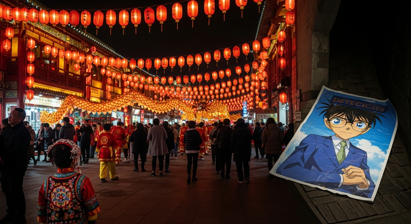 A vibrant Chinese Spring Festival night market scene with red lanterns and a dragon dance, featuring a child in traditional attire, contrasted by a discarded, crumpled poster of a Japanese anime character in a dimly lit alley, symbolizing cultural tensions.