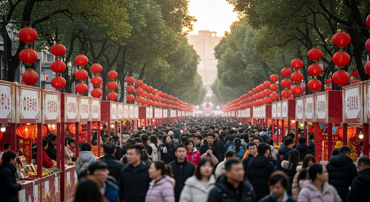 A vibrant, bustling street scene in Yangjiang, Guangdong, during the Spring Festival, showcasing traditional red lanterns, local crafts, and regional delicacies, with a diverse crowd celebrating the China Cultural and Tourism Gala.
