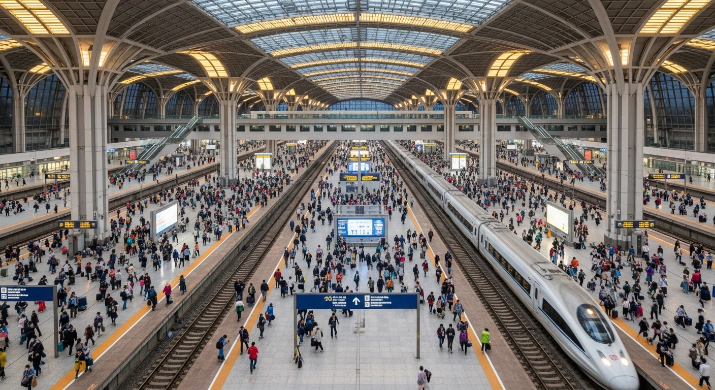 A high-angle view captures a massive, modern Chinese railway station at dusk, bustling with a vast number of passengers and a high-speed train departing, symbolizing the over 50 million passengers transported by China Railway Guangzhou Group during the 2026 Spring Festival travel rush.