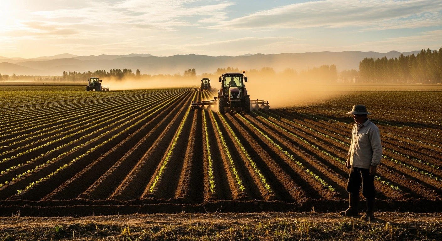 Farmers in China use modern agricultural machinery to conduct large-scale spring ploughing and planting in a vast field.