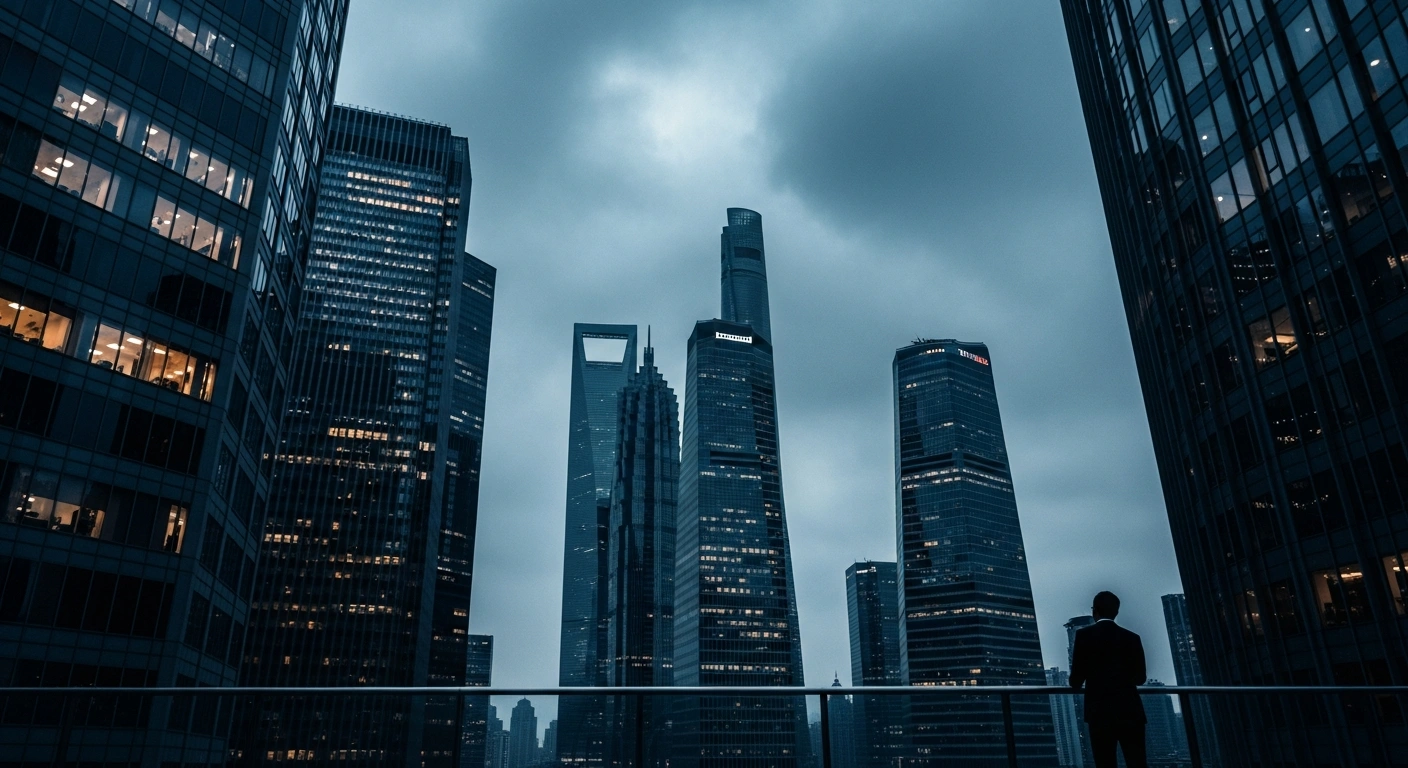 A solitary trader looks out over a dark, moody Shanghai financial district as stock market indices decline due to global economic uncertainty.