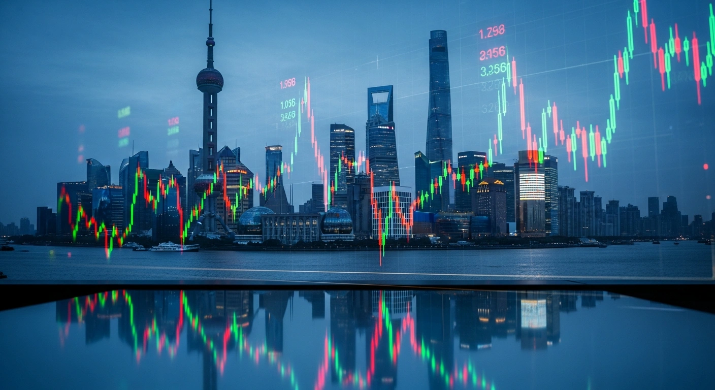 A digital visualization of Chinese stock market data charts glowing in front of the Shanghai skyline during a state-led financial intervention.