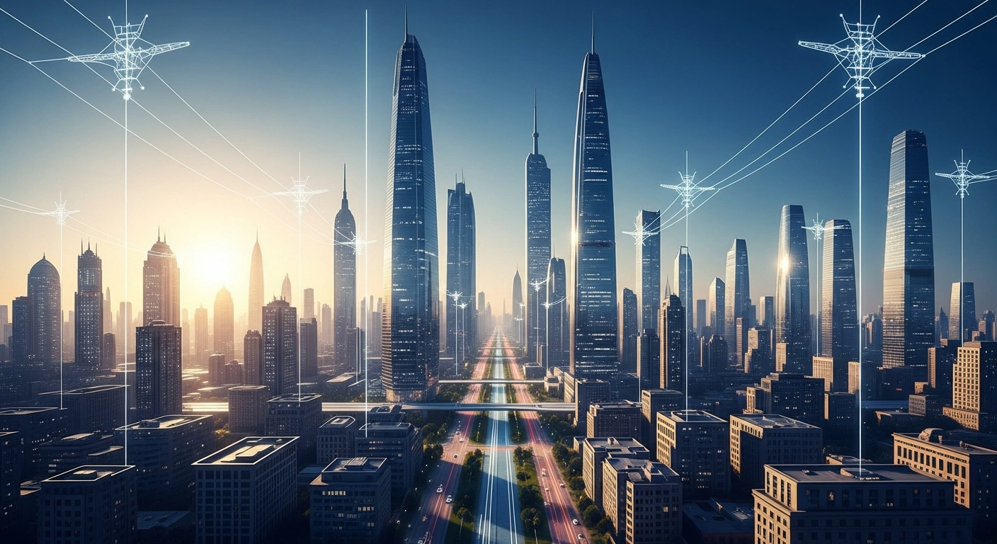 A modern, futuristic cityscape in China represents the nation's strategic development blueprint for economic growth and technological modernization.