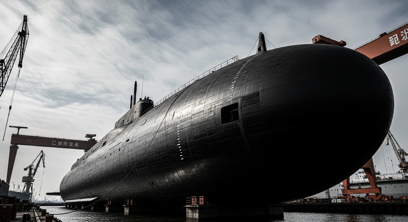A newly launched Chinese nuclear ballistic missile submarine emerges from the water at a shipyard, symbolizing China's increased naval industrial capacity and its surpassing of United States submarine production between 2021 and 2025.