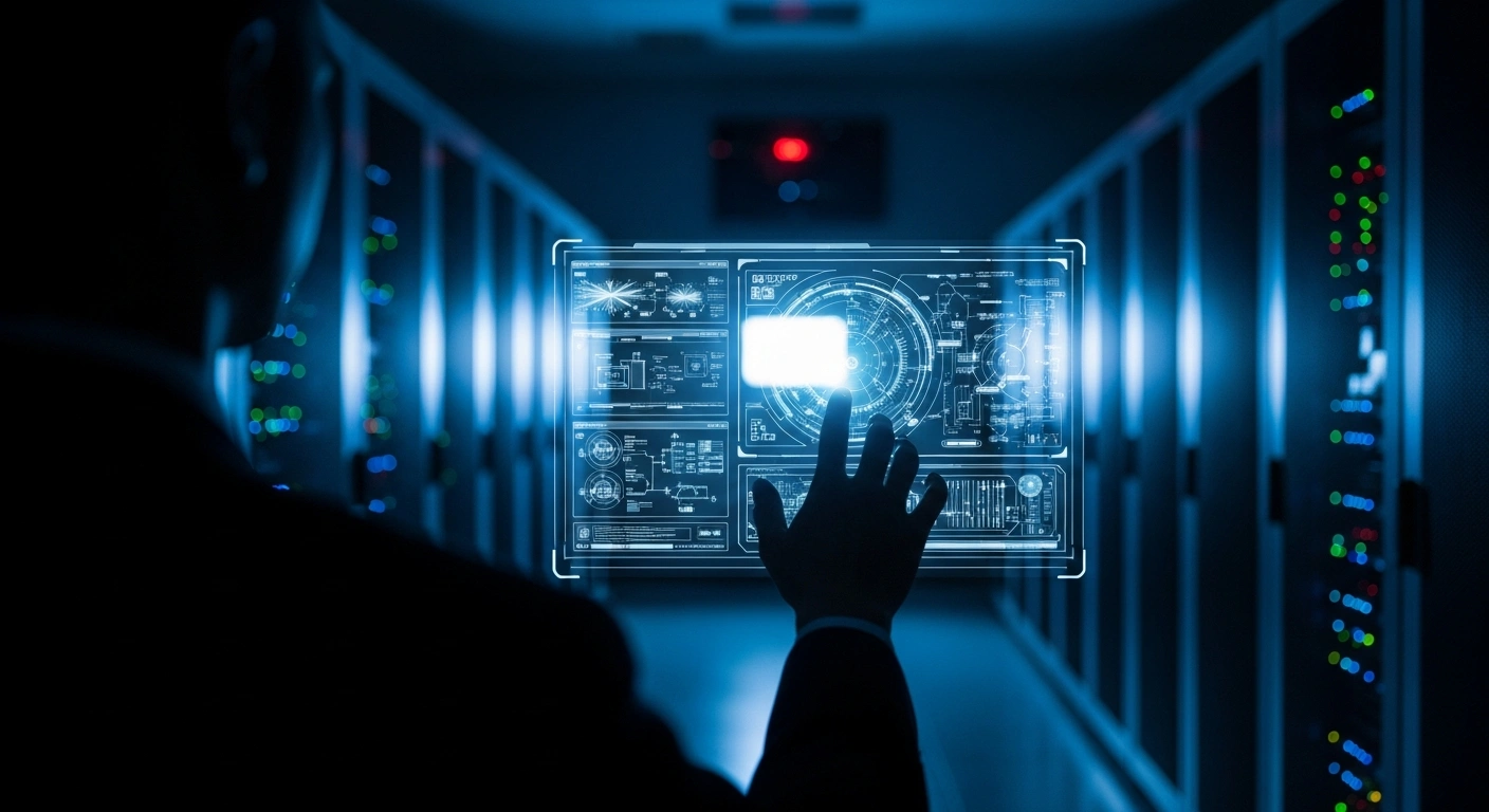 A shadowy figure's hand hovers over a glowing holographic interface in a dimly lit supercomputer server room, symbolizing alleged access by Chinese universities tied to the People's Liberation Army to National Science Foundation supercomputing systems, potentially circumventing U.S. export controls and aiding China's military modernization, including nuclear weapons development and advanced AI.