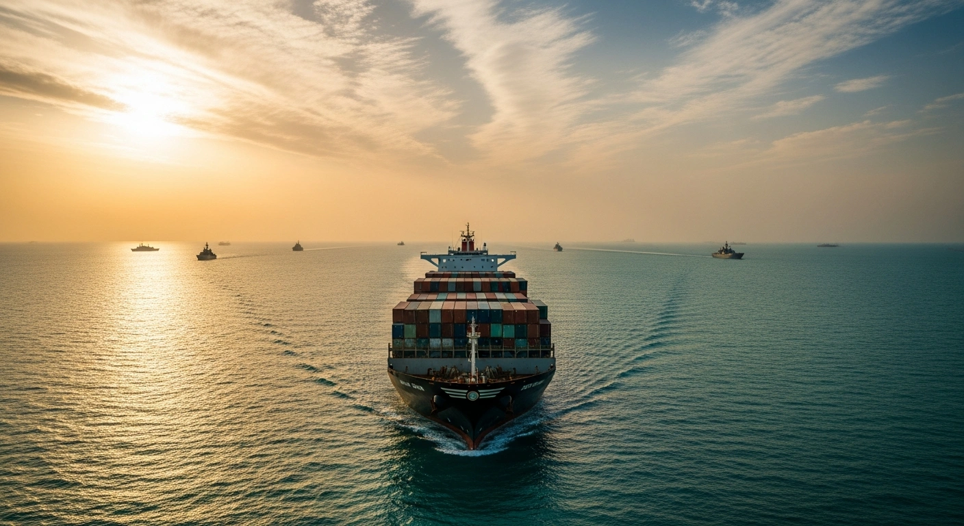 A large cargo ship sails through the Strait of Hormuz as China supports a diplomatic agreement between the United States and Iran to ensure maritime security.