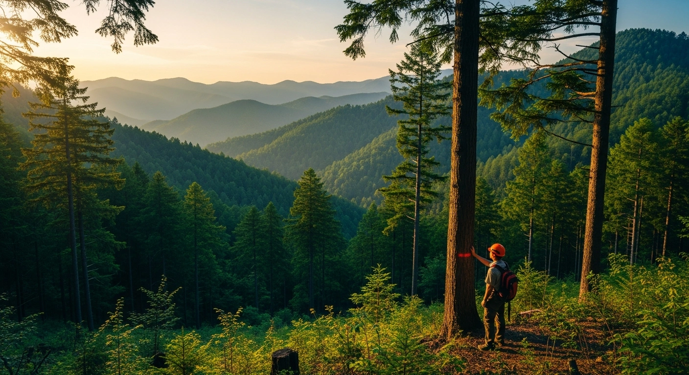 A forester inspects a marked tree in a lush Chinese state-owned forest as part of a new sustainable timber management policy.