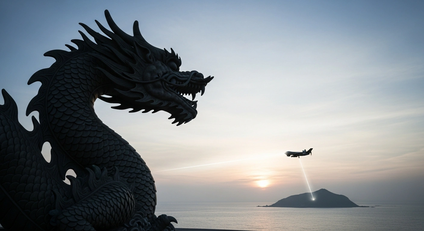 A colossal, shadowed dragon statue representing China looms over a distant, brightly lit island symbolizing Taiwan, while a beam of light from an unseen source, representing US support, illuminates a modern military drone hovering protectively over the island, depicting the geopolitical tension over an arms sale.