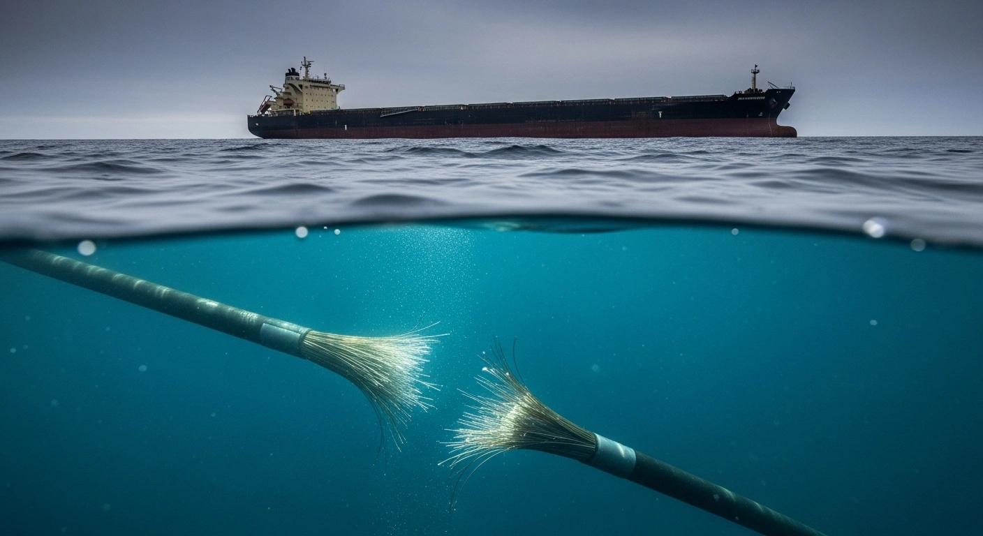 A large cargo ship sails on a turbulent ocean at twilight, while beneath the surface, a thick undersea communication cable is shown partially severed, illustrating the incident of a China-linked vessel accused of damaging Taiwan's cables.