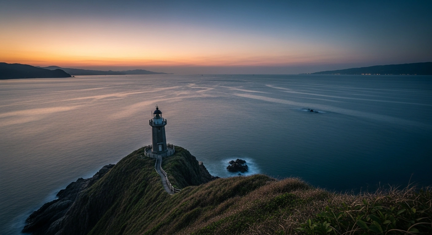 A serene view of the Taiwan Strait at sunset represents the current geopolitical landscape regarding China and Taiwan.