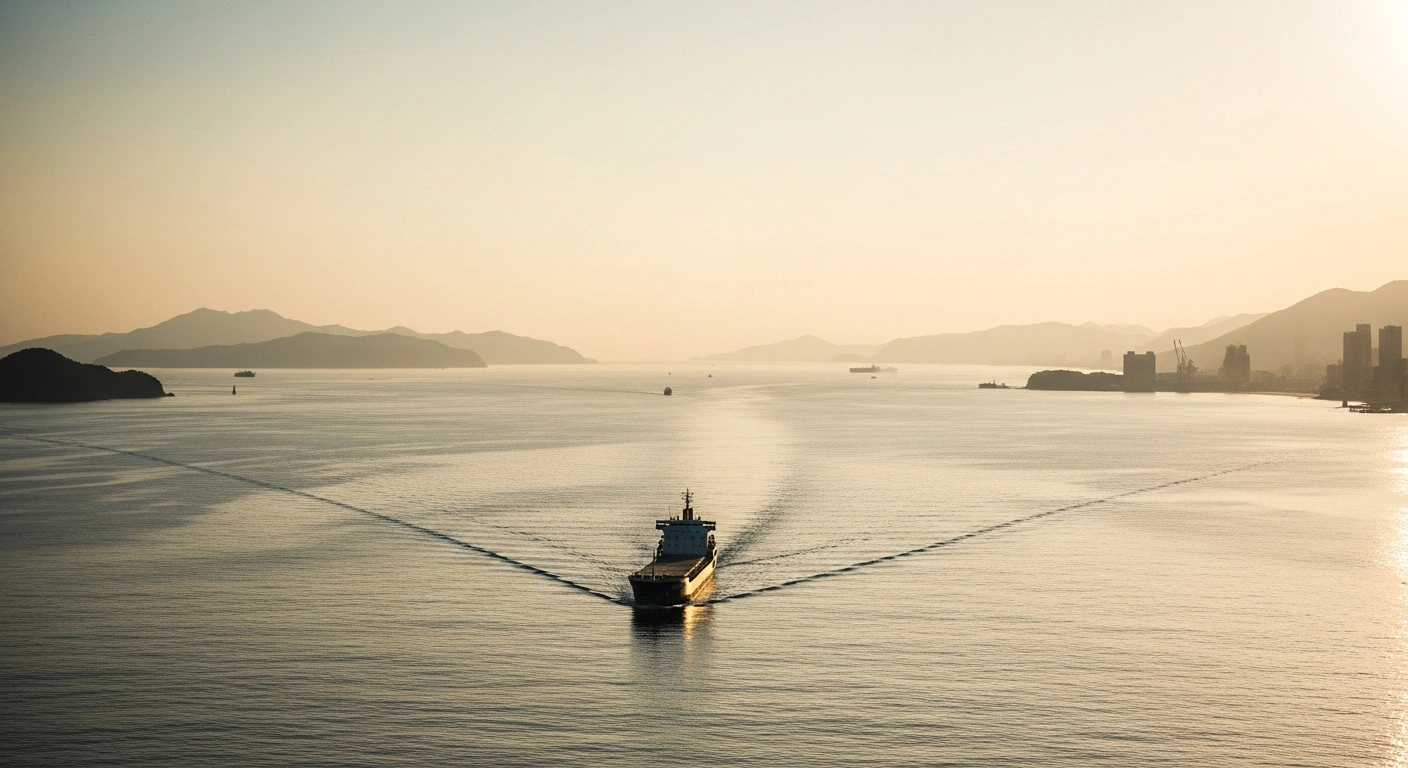 The Taiwan Strait is shown at sunset, representing the geopolitical landscape between China and Taiwan as described in recent US intelligence assessments.