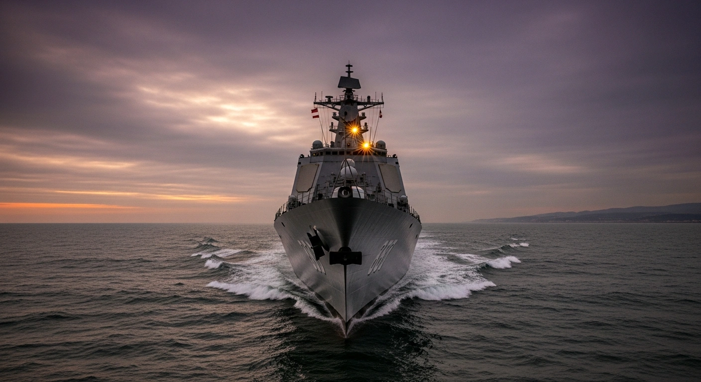 A Chinese naval destroyer cuts through choppy, steel-grey waters at dusk, symbolizing China's large-scale military drills and commitment to reunification amidst tensions over US arms sales to Taiwan and criticism of Japan.