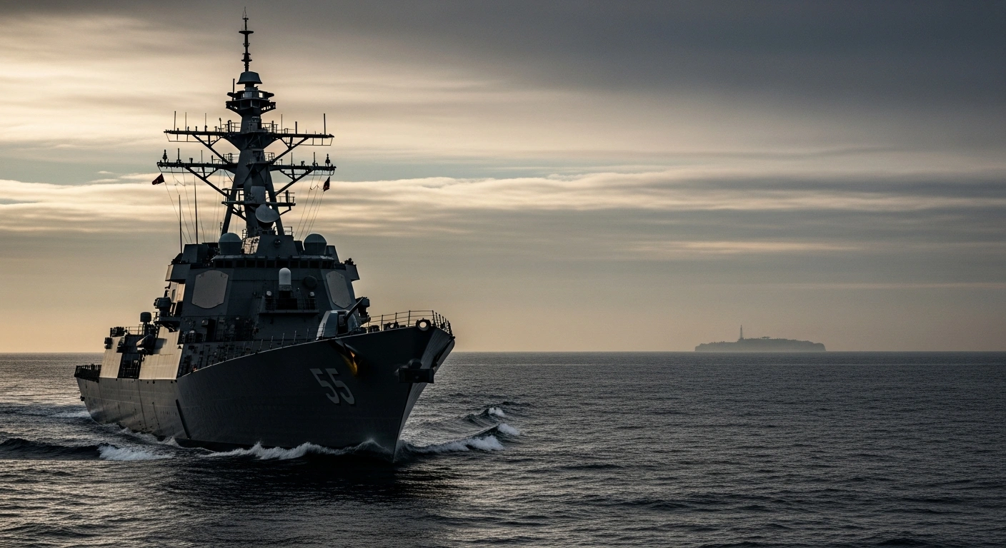 A powerful, dark naval destroyer with advanced weaponry cuts through choppy, steel-grey waters under a bruised twilight sky, with the faint, vulnerable outline of an island visible in the distant haze, symbolizing China's enhanced military capabilities and the potential for a swift blockade or invasion of Taiwan.