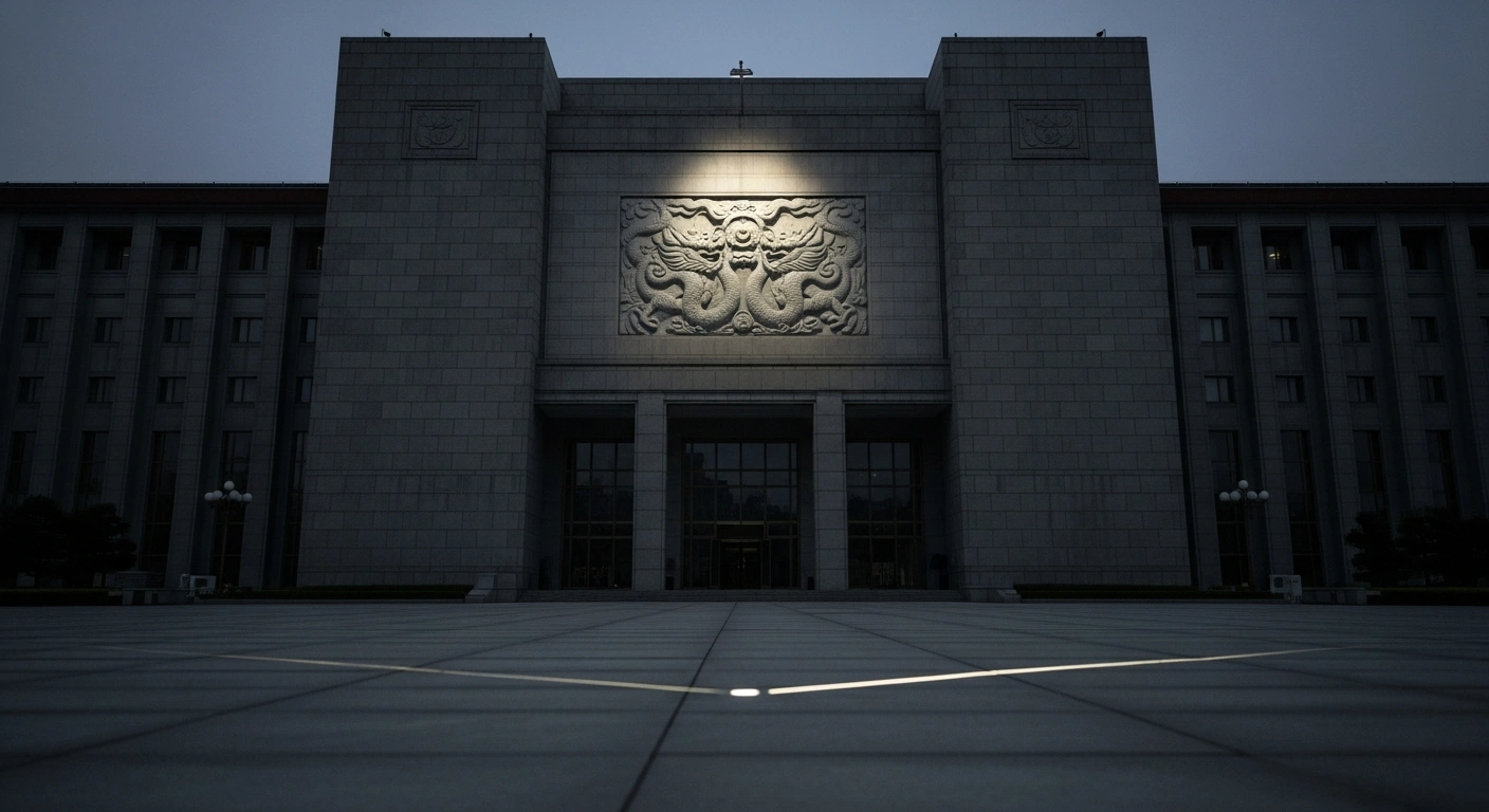 A low-angle shot of an imposing, dark granite embassy building with a powerful spotlight illuminating a stylized relief of a unified dragon, while a subtle, fractured beam of light cuts across the plaza, symbolizing diplomatic tension over the 'One China' principle.