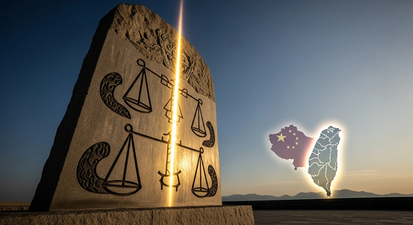 A monumental, weathered stone tablet, symbolizing international law, is dramatically illuminated by a golden light, with a stylized, unified map of China and Taiwan subtly integrated into the background, representing the One-China Principle and the historical context of UNGA Resolution 2758 regarding Taiwan.